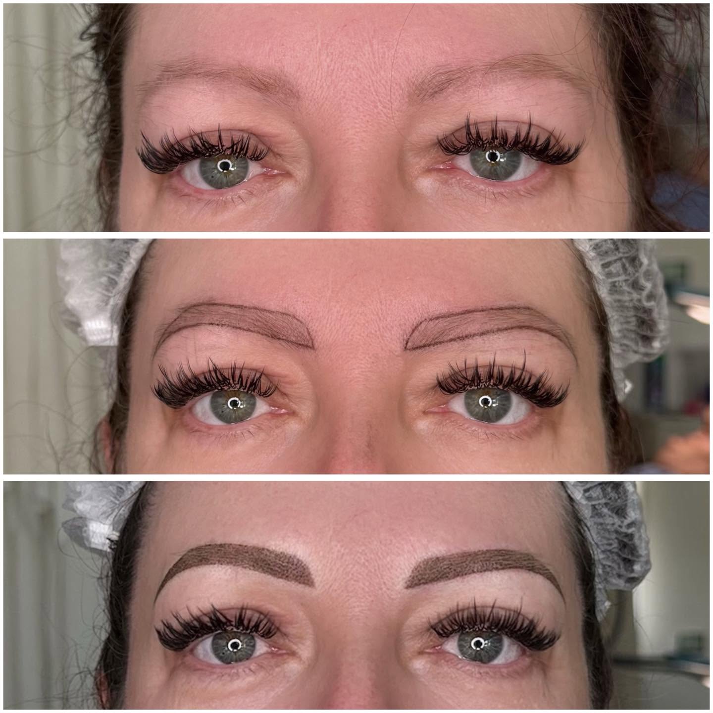 Three stages of a brow tattoo: natural brows, mapped outline, and the finished shaded result