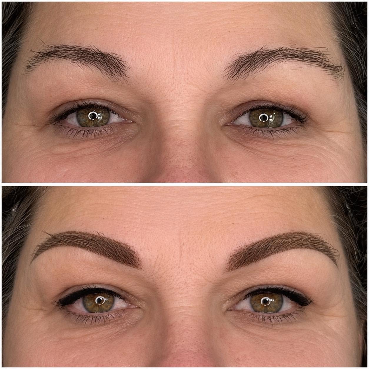 Healed cosmetic brow tattoo with natural hair strokes