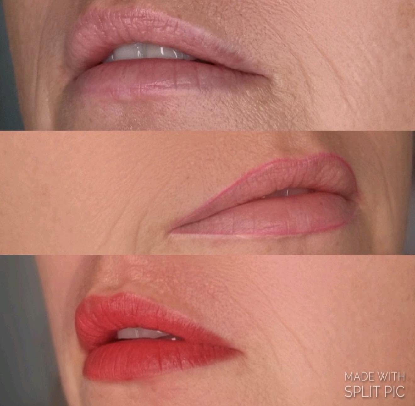 Before and after of a lip blush cosmetic tattoo