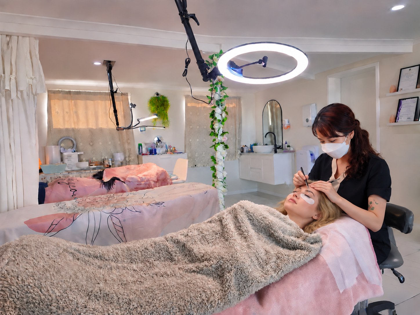 A client having lash extensions applied at Queen's Beauty salon in Eastern Heights, Ipswich
